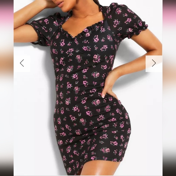 nwt BOOHOO ditsy floral bodycon dress 4 short puff sleeve ruffle cutout mini S - Picture 1 of 8